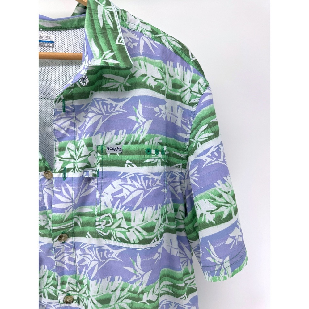 Columbia PFG Fishing Shirt Mens XL Green Purple Tropical Fish Print Short Sleeve
